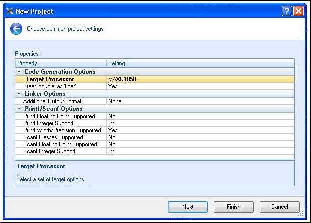 Figure 3. Selecting the MAXQ1850 processor.