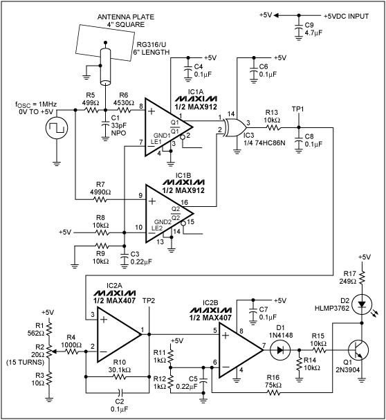 Figure 1. This proximity detector lights the LED when a person approaches the antenna plate within a threshold set by the potentiometer.