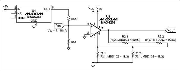 Figure 2. MAX4208 configured with external rejustors provides a gain of 360V/V.