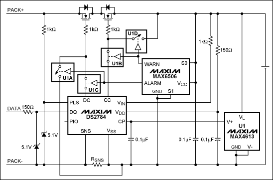 圖1. 在DS2784應(yīng)用電路中加入MAX6506和MAX4613實(shí)現(xiàn)可編程的熱保護(hù)(開關(guān)U1A-U1D表示MAX4613內(nèi)的4個開關(guān))。