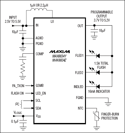 MAX8834、MAX8834Y、MAX8834Z：典型工作電路