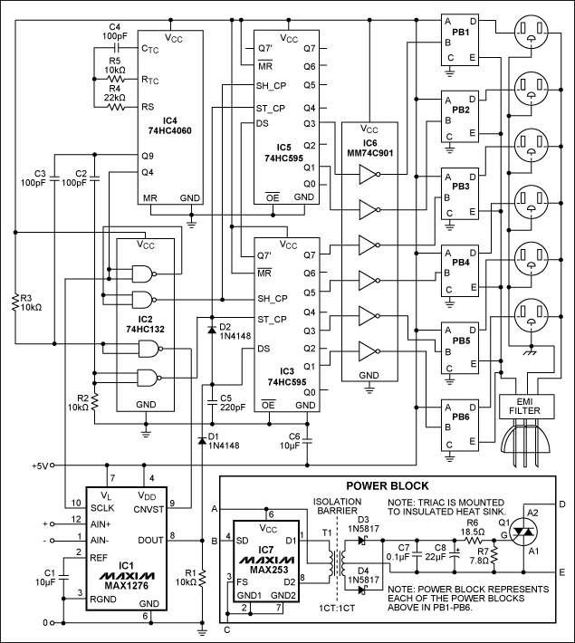 Figure 1. Driven by a 0-to-2.048V music signal applied at IC1 pins 12 and 1, this circuit activates the six AC outlets according to the music amplitude, in a logarithmic thermometer-code format.