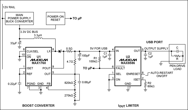 圖1。同時(shí)為5V的USB端口，該電路也限制在插入時(shí)刻峰值浪涌電流（在USB接口），并限制在500mA的工作電流所需要的端口。