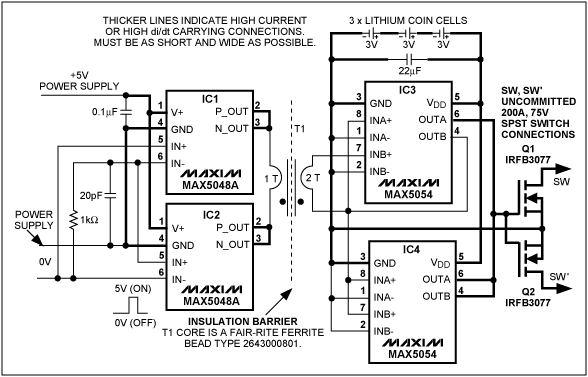 圖1. 該電路利用5V邏輯信號控制獨立的(隔離)功率開關Q1-Q2，能夠處理200A、75V的脈沖信號。