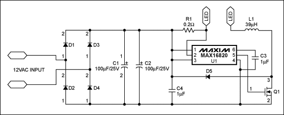 圖1. 采用MAX16820 LED驅動器構建的5W MR16 LED燈驅動電路，圖中LED為LedEngin的5W WLED。