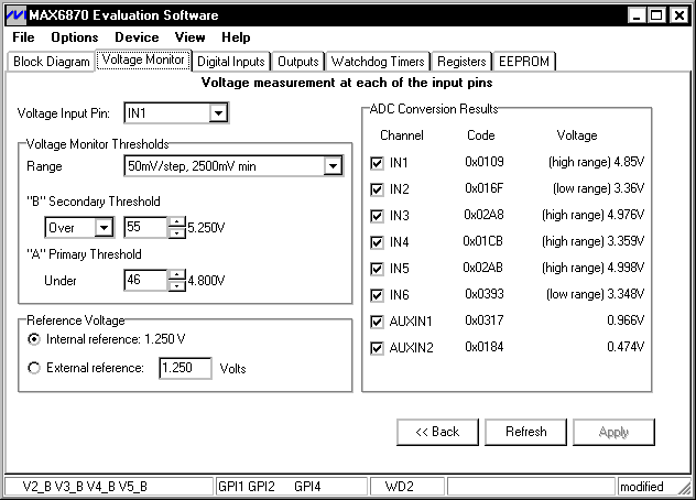 圖3. 點(diǎn)擊Voltage Monitor標(biāo)簽，可以設(shè)定每一個(gè)輸入是監(jiān)視兩個(gè)欠壓電平還是一個(gè)欠壓電平和一個(gè)過(guò)壓電平，還可以設(shè)置門(mén)限值，也可選擇要查看哪一個(gè)數(shù)字輸入。