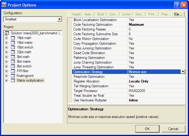 Figure 6. Project options used in Rowley's CrossWorks for the Smallest configuration.