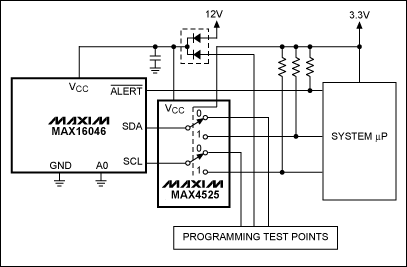 圖1. MAX16046通過MAX4525復用器/開關共用其I2C總線