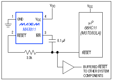 Figure 8. These connections allow dual control of the buffered reset line, and extend the duration of resets issued by the μP.