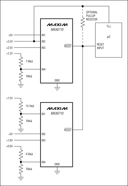 圖1. 利用兩片漏極開路輸出的多電壓監控器監控8路電壓，提供單個復位輸出。