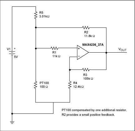 圖4. 該模擬電路對RTD進行線性化補償。