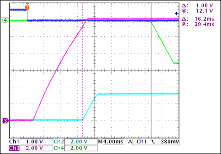 圖3. +3.3V至-5V接通延時，沒有負(fù)載Ch1 = Q8BASE, Ch2 = +3.3VOUT, Ch3 = +12VOUT, Ch4 = -5VOUT注釋：+3.3VOUT和-5VOUT之間有16.2ms延時。