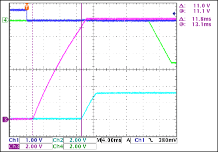 圖2. +12V至+3.3V接通延時，沒有負(fù)載Ch1 = Q8BASE(CARD_PRESENT), Ch2 = +3.3VOUT, Ch3 = +12VOUT, Ch4 = -5VOUT注釋：+12VOUT和+3.3VOUT之間有11.8ms延時。