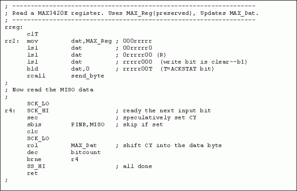 圖9. AtTiny13對MAX3420E寄存器進行讀操作的匯編程序。在此可以調整SPI接口的時序以提高光耦的性價比。