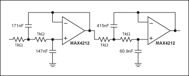 Figure 2. These two nonidentical 2nd-order filter sections form a 4th-order Butterworth lowpass filter.