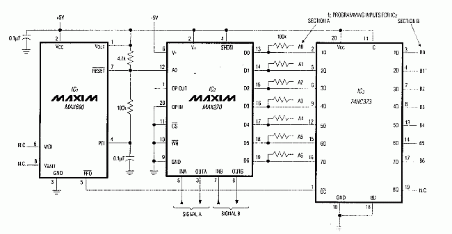 Figure 1. A microprocessor-supervisory chip (IC1) directs the sequential loading of fC data into the dual, programmable lowpass filter IC2. The circuit reloads this fC data following each power-up.