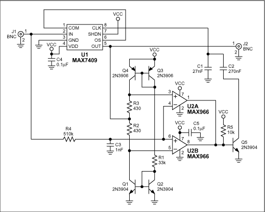 Figure 1.  This lowpass filter maintains a fast step response by dynamically adjusting its cutoff frequency.