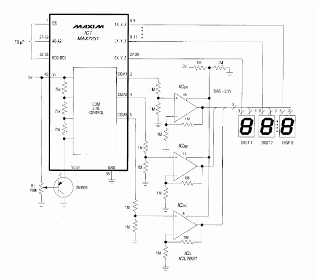 Figure 1. Three buffer amplifiers enable this standard LCD driver (IC1) to control eight large (1