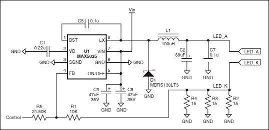 圖1. 通過調節控制電壓(0V至3.9V)，MAX5035 LED電流驅動器能夠在LED_A和LED_K端產生近似350mA至0mA的輸出電流。