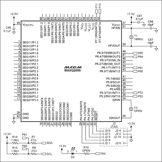 圖3. 該原理圖(基于MAXQ2000低功耗LCD μC)提供了一個(gè)能夠工作在標(biāo)準(zhǔn)、快速或Hs模式的I2C主機(jī)