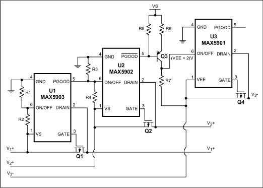 Figure 1. Three hot-swap controllers govern the sequence in which supply voltages appear at the three right-hand terminals.