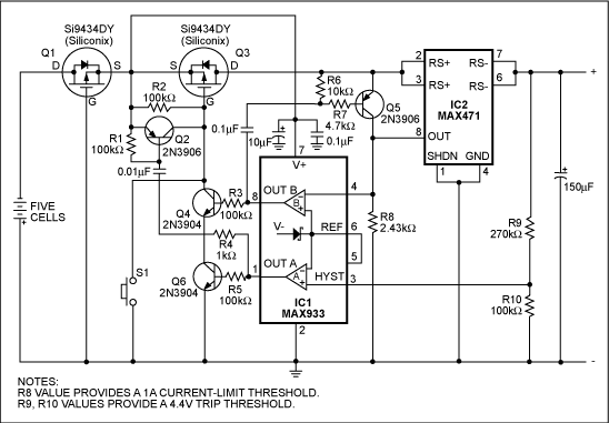 Figure 2. This circuit blocks the effect of a reversed-polarity battery or short-circuited load. R1 sets the current-limit threshold.