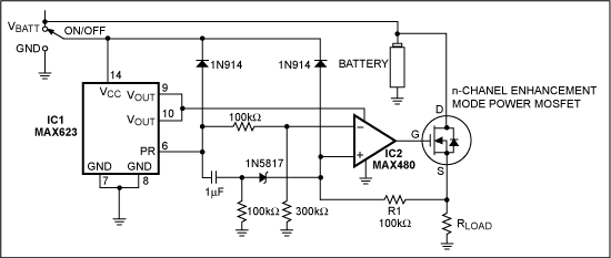 Figure 1. This logic-controlled switch circuit provides short-circuit protection at RLOAD.