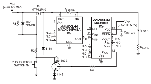 Figure 1. A current sense amplifier, comparator, and a few external components form a low-cost circuit breaker.