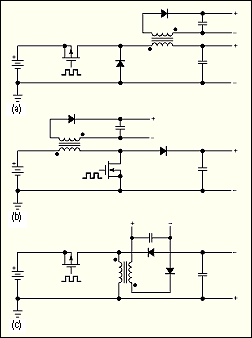 Figure 2. You can create auxiliary outputs by using a flyback transformer instead of an inductor in the basic buck (a), boost (b), and inverter (c) configurations.