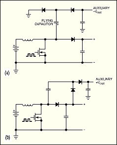 Figure 4. The charge-pump tap offers an inexpensive way to achieve an auxiliary output voltage. Tapping a boost circuit with a flying capacitor (a) creates a negative charge pump. Placing a voltage doubler on the output of a boost circuit (b) creates a high-voltage auxiliary output.