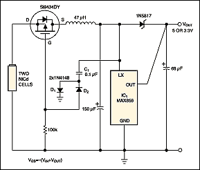 Figure 6. Using a high-side PMOS FET switch with low battery voltage requires a charge pump (D1, D2, and C1) to drive the gate voltage below ground.