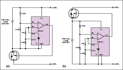 Figure 7. As improvements over their Figure 6 counterparts, these circuits have more accurate reset thresholds to save battery energy and hysteresis to prevent chatter as the battery disconnects.