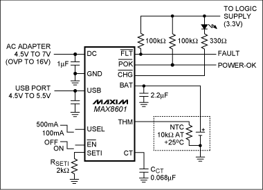 圖5. MAX8601鋰離子電池單機充電器的典型應用電路圖