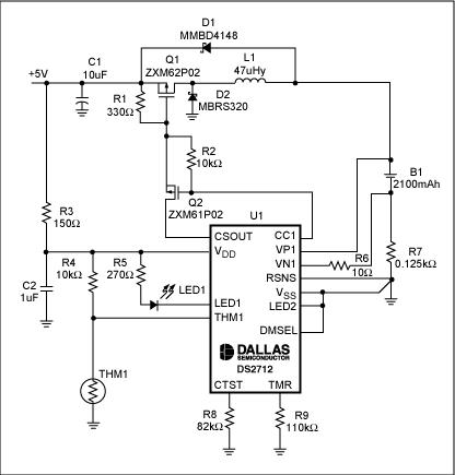 圖7. USB端口對單節NiMH電池快速充電的原理圖。