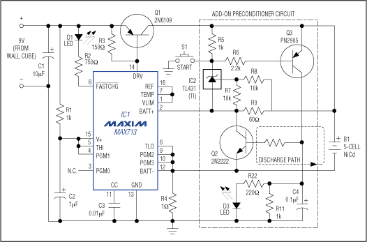 Figure 1. This add-on preconditioner circuit for NiCd battery chargers eliminates the so-called memory effect by fully discharging a battery before recharging it.