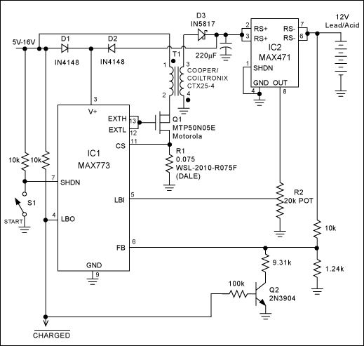 Figure 1. This lead-acid-battery charger applies high voltage (15V) until the battery is charged and then applies 13.8V to maintain a small trickle charge.