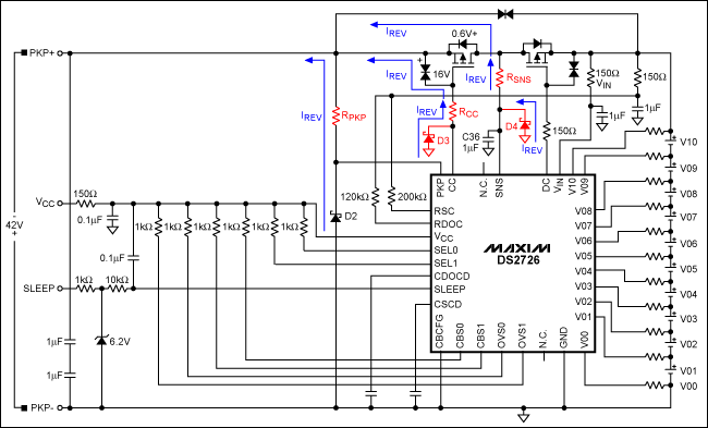 圖1. 對DS2726典型應用電路進行修改，使其在充電器反接時免于損壞。