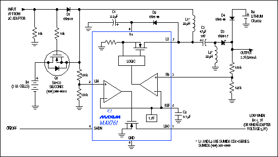 Figure 3. This low-current step-up/step-down regulator supplies 3.3V at 200mA. Q1 automatically disconnects the B1 battery when you connect an ac adapter, and a diode-OR circuit allows B2 to back-up the 3.3V output.