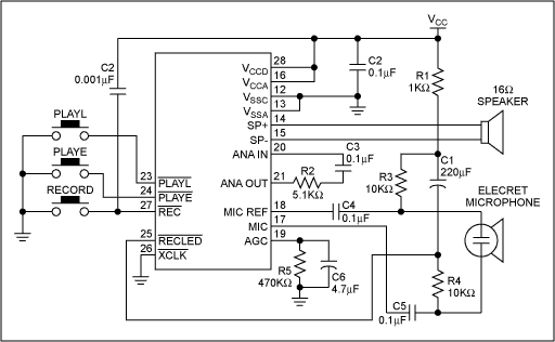 Figure 3. Using the EEPROM internal to U5 in Figure 1, this circuit records up to 10 seconds of sound.