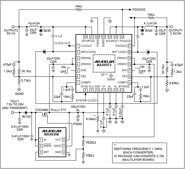 圖 6. MAX5073 2MHz buck轉(zhuǎn)換器配合MAX6398保護開關的典型電路，該設計具有高性能以及較高的抗干擾能力。