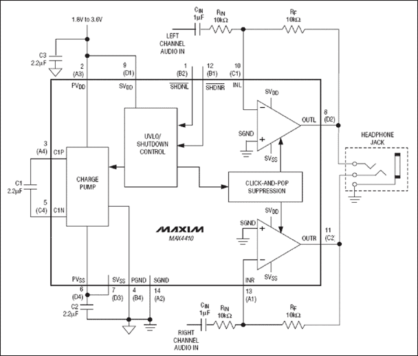 圖 2. 單電源供電耳機放大器，內置電荷泵省去了大尺寸隔直流電容。 