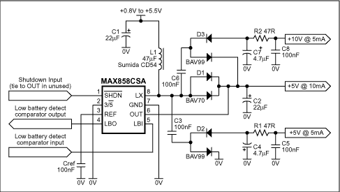 Figure 1. Adding external charge pumps to this 5V boost converter produces auxiliary analog rails of 10V and -5V.