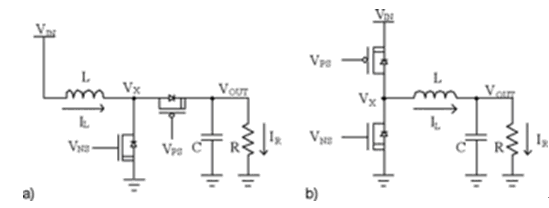 圖1：普通的基于電感的升壓(a)降壓(b開關(guān)調(diào)節(jié)器。