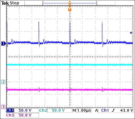 圖3. VIN = 3.3V、APD電流為4mA時的LX節點電壓(通道1)、VOUT (通道2)和APD輸出(通道3)。