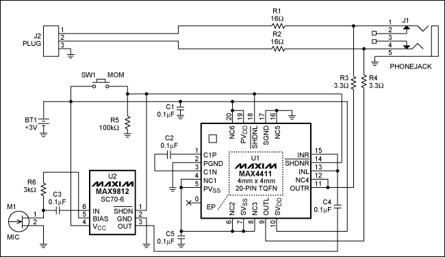 Figure 1. This headphone attenuator/amplifier has a microphone monitor and allows easy conversation while wearing earbuds. 