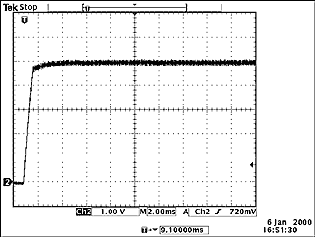 Figure 8. Output-voltage turn-on transient at power-up. Vin = 48V, lout = 5A.