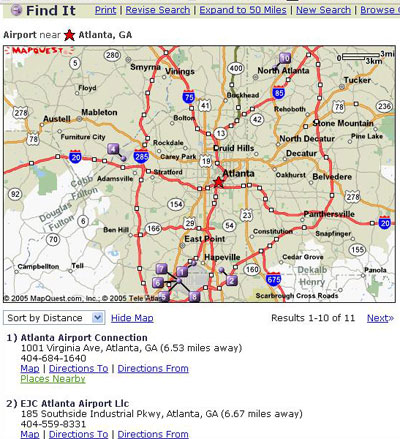 在我們單擊“Search for Locations”（搜索地點）時，MapQuest會生成一幅亞特蘭大地圖，并列出搜索到的“機場”