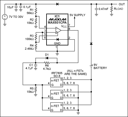 圖1. IC1 MAX931比較器用于監測主電源電壓。當主電源電壓下降到7.4V以下時，它可以通過將電池負端接地接通備用電池。