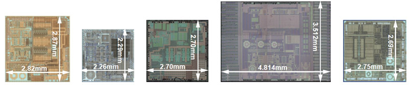 圖1: 5款芯片實際比例去封裝頂層圖(左起分別為ADMTV102、ADMTV803、MxL5007T、SMS1180和TP3021)。