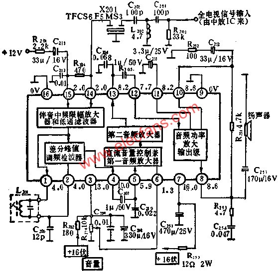 BJ5250是伴音通道采用的集成電路,它包含了第二伴音中頻放大,限幅,鑒頻,低頻放大和功率放大等伴音電路的全部功能.它提供的最大音頻輸出功率為2.5W.應用實例如圖所示.